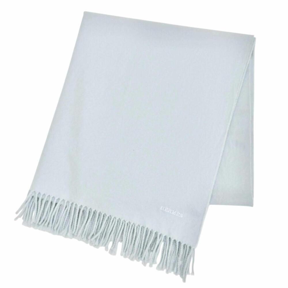 HERMES 100% Cashmere Logo Embroidered Large Shawl/Stole/Scarf - Light Blue Ma...